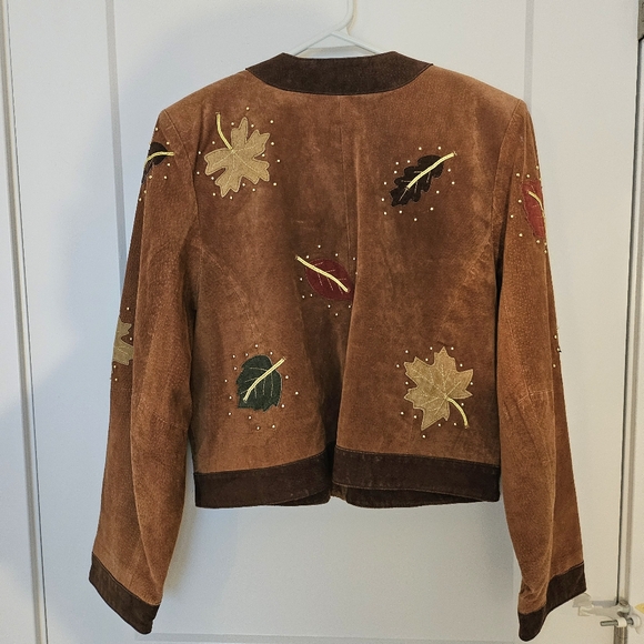 Vintage Suede Leather Short Blazer Jacket Maple Leaf Fall Autumn Embroidered - Picture 2 of 11